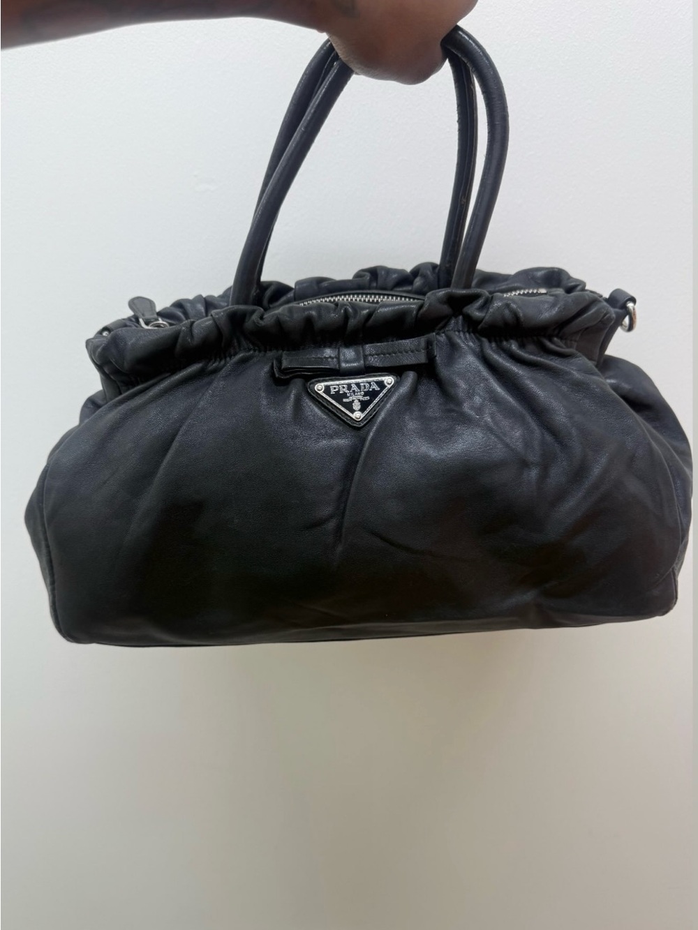 Prada Black Leather Drawstring Top-Handle Shoulder Bag